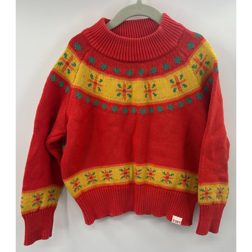 Tinycottons Kids Fair Isle Wool Blend Knit Sweater Red Yellow Size 6Y